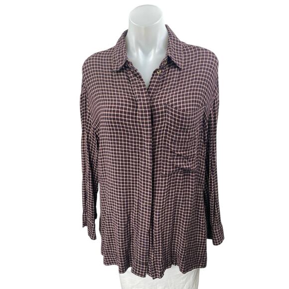 Urban Outfitters BDG Brown Checkered Plaid Long Sleeve Button Down Shirt Top S - Picture 1 of 3